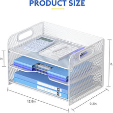 Samstar 3 Tier White Letter Tray Paper Organizer with Handle, Mesh Desk Organizer Paper Sorter File Rack Shelves, White