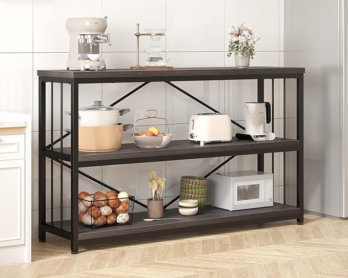 IBF Short Wide Horizontal Bookshelf, Industrial office Low 3 Tier Book shelf, Rustic Wide Vintage open Bookcase with Storage, Modern Grey Etagere for Home Office Living Room Bedroom, Gray Oak, 47 Inch