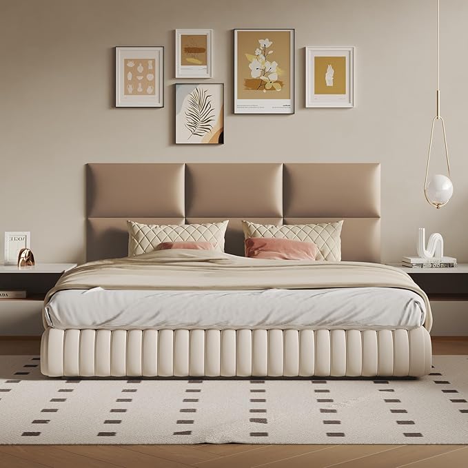Light Brown Wall-Mounted Upholstered Headboard Panels, Faux Leather, 24x12 Inches, Pack of 12 – DIY Soundproof Wall Padding for Full, Queen, or King Beds, Modern Wall Décor, Easy to Clean