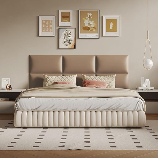 Light Brown Wall-Mounted Upholstered Headboard Panels, Faux Leather, 24x12 Inches, Pack of 12 – DIY Soundproof Wall Padding for Full, Queen, or King Beds, Modern Wall Décor, Easy to Clean