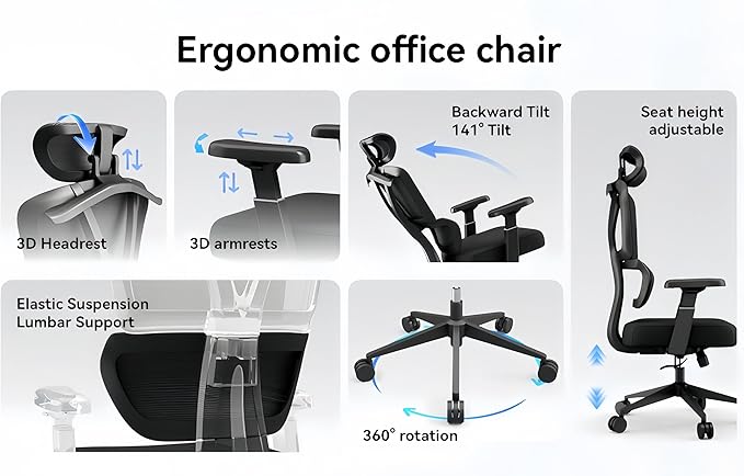 Ergonomic Office Chair, Black high-Back Office Chair, Lumbar Support Office Chair Suitable for Home Reading, Business Meetings and Home Office.