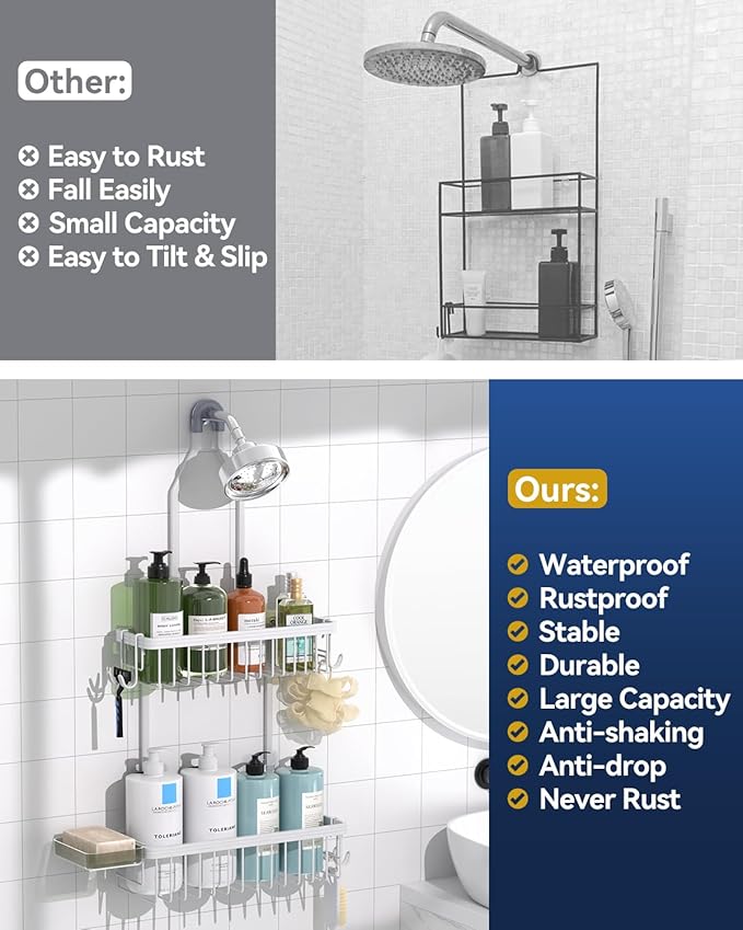 YASONIC Shower Caddy Hanging, Never Rust Shower Organizer Hanging, Aluminum Shower Racks for Inside Shower with Hooks for Razor, Bathroom Organizers and Storage with Soap Holder, White