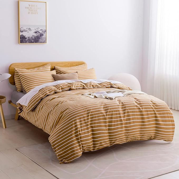 JELLYMONI Queen Duvet Cover Set, Cotton Duvet Cover 3 Pieces with Zipper Closure, 1 Duvet Cover and 2 Pillowcases(Rust with White Striped)