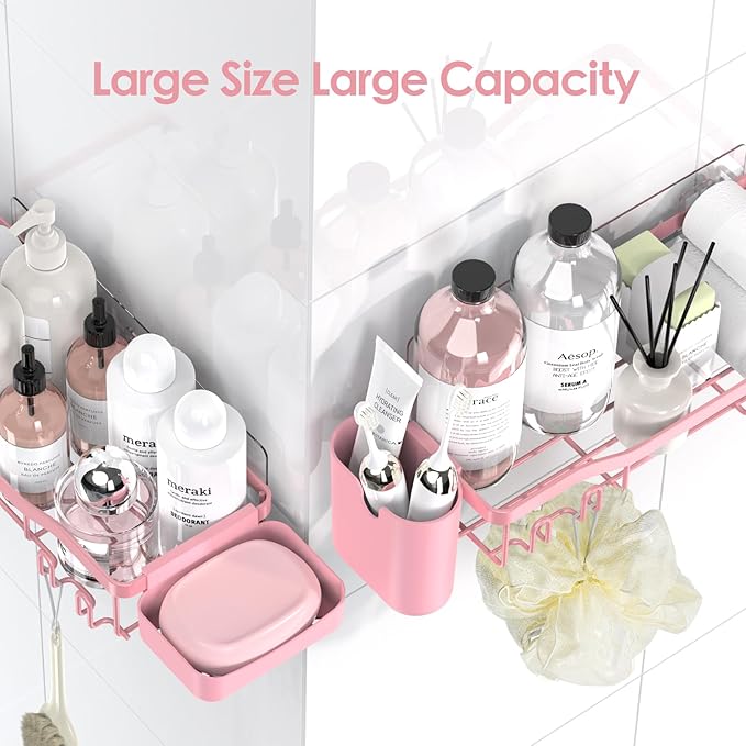 Shower Caddy Adhesive Shower Organizer 7-Pack, Rustproof Stainless Steel Bathroom Shelves, Large Capacity No-Drill Rack Storage Accessories with Soap Dish Toothbrush Holder Hooks (Pink)