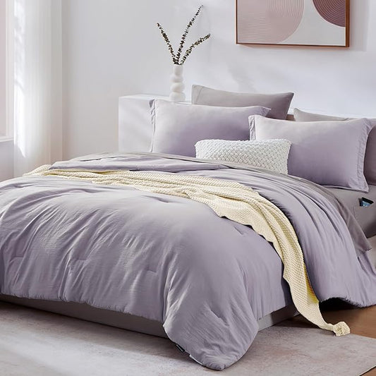WRENSONGE Full Size Comforter Set- 7 Pieces Lilac Bed in a Bag Full Size Comforter with Fitted Sheet, Flat Sheet, 2 Pillow Shams, 2 Pillowcases, Warm Bedding Sets for All Season