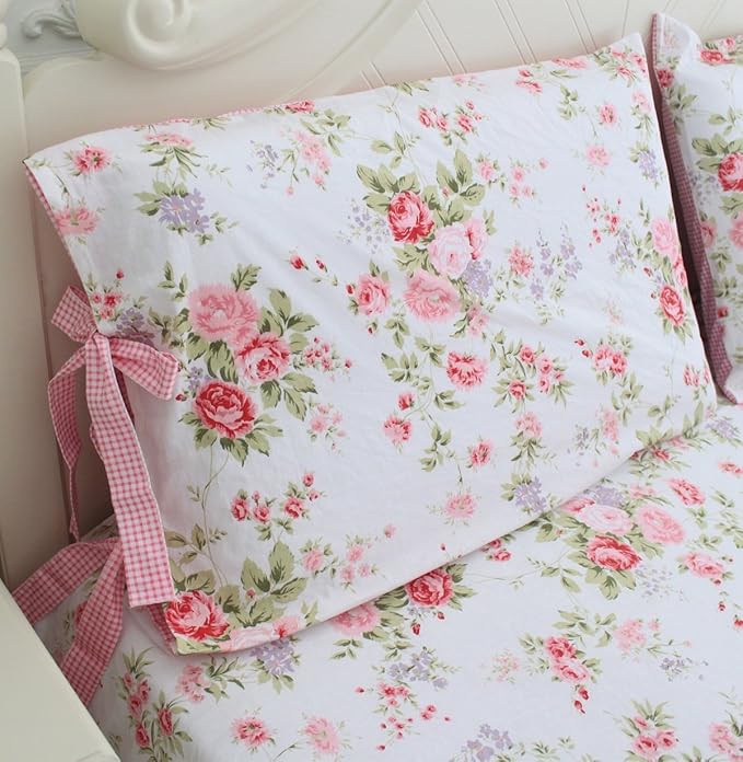 FADFAY Cotton Bed Sheets Set Shabby Rose Floral Print Sheet Bedding 4-Piece Twin Size