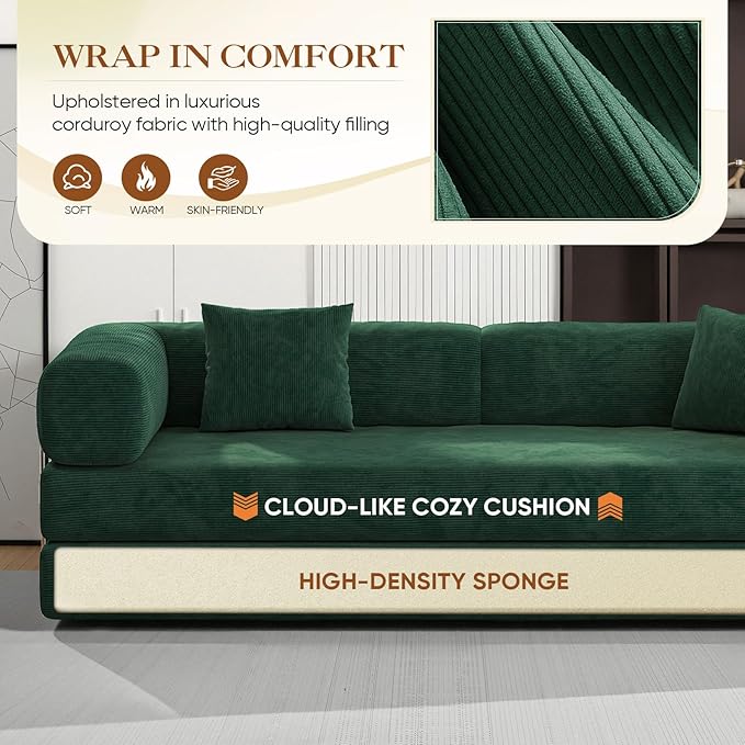Antetek Convertible Futon Sofa Bed, 3-Seater Modern Corduroy Foam Floor King Size Bed Fold Out Sleeper Lounge Loveseat Sofa Couch with 2 Throw Pillows for Living Room Bedroom Guest Room, Turquoise