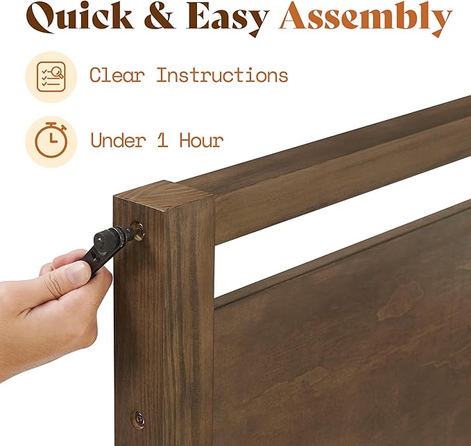 AMERLIFE Queen Size Solid Wood Bed Frame with Headboard, Minimalist Platform Bed with Wooden Slats Support/No Box Spring Needed/Easy Assembly/Noise-Free, Dark Brown