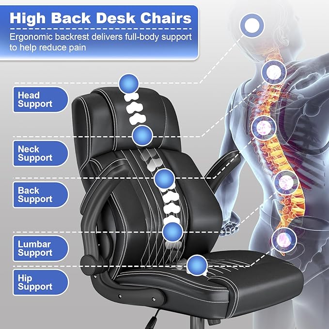ZZH Ergonomic Office Chair High Back with Lumbar Support, Leather Executive Desk Chair, Flip-Up Arms, 360° Swivel & Height Adjustable, 1PC, Black