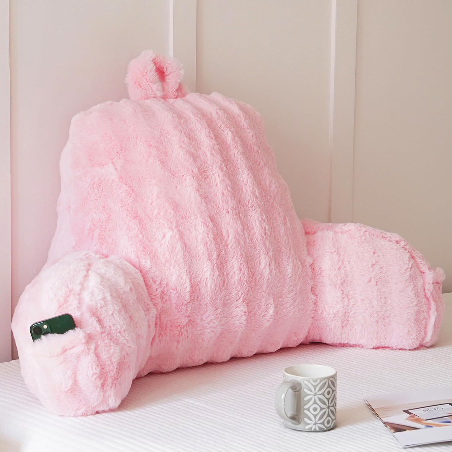 Yaoshuho Faux Fur Reading Pillow for Sitting in Bed, Large Backrest Bed Pillow with Arms, Back Support Pillow for Lounging Bedrest, Beige Dormly