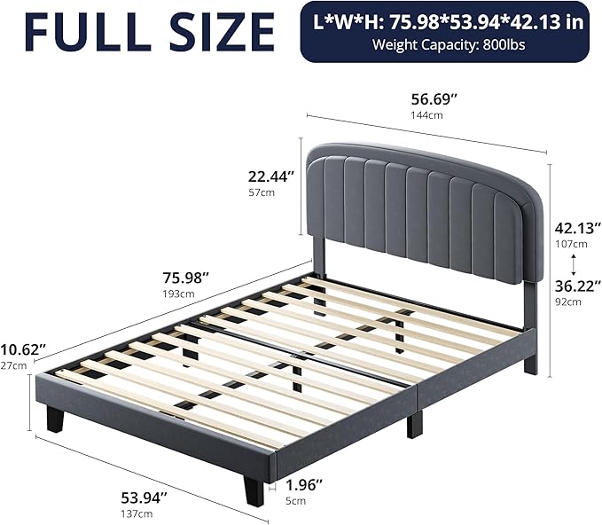 Cozy Castle Full Size Bed Frame with Adjustable Vertical Channel Tufted Headboard, Velvet Upholstered Platform Bed with Wood Slats, Mattress Foundation, No Box Spring Needed, Easy Assembly, Gray
