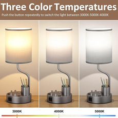 Grey Bedside Table Lamps for Bedroom Set of 2 - Nightstand Light with AC Outlet and USB A & C for Charging, 3 Color Temperatures Desk Lamp with Pen Holder & Phone Stand for Living Room/Dorm/Office