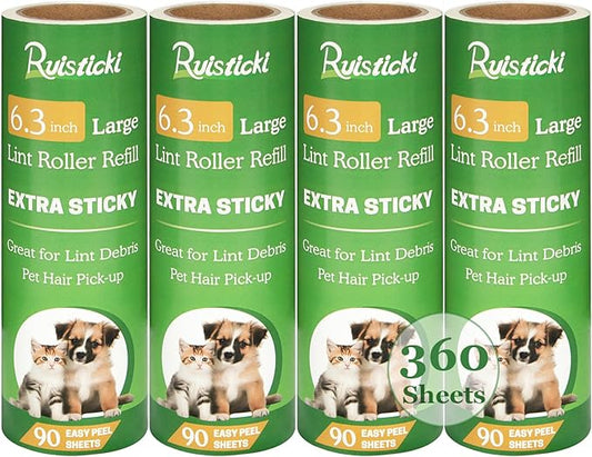 6.3 inch Lint Roller Refills Only for 6.3'' Large Lint Rollers Extra Sticky Lint Pet Hair 6.3 inch Replacement Rolls, Pack of 4 Refills, 90 Sheets per Refill, 360 Sheets Total