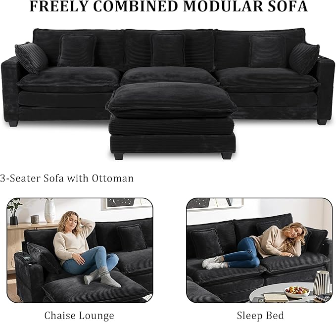 Gexpusm Modular Sectional Sofa,99" Couches for Living Room,Corduroy Sofa with Ottoman & Pillow,Cloud Sectional Couch with Cup Holders & USB,Side Pockets,3-Seat Corduroy Boneless Chair Indoor,Black