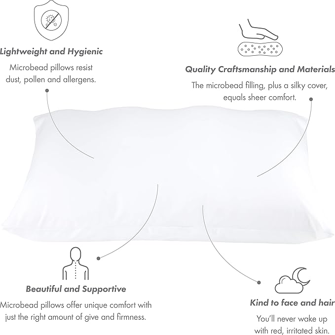 PILLOWY Premium Microbead Bed Pillow, X-Large Extra Fluffy But Supportive - Ultra Comfortable Sleep with Silk Like Anti Aging Cover 85% Spandex/ 15% Nylon Breathable, Cooling Barely Beige