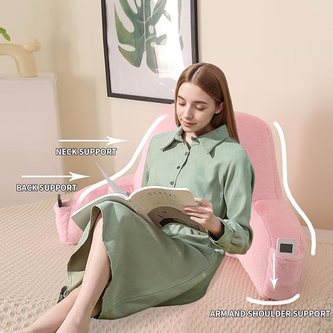 Reading Pillow for Sitting in Bed, Large Backrest Reading Pillow with Arm Rest,Back-Rest Support Cushion for Sit Up on Couch, Sofa, and Floor, Dorm Essentials (Pink Faux Fur, Large(19"))