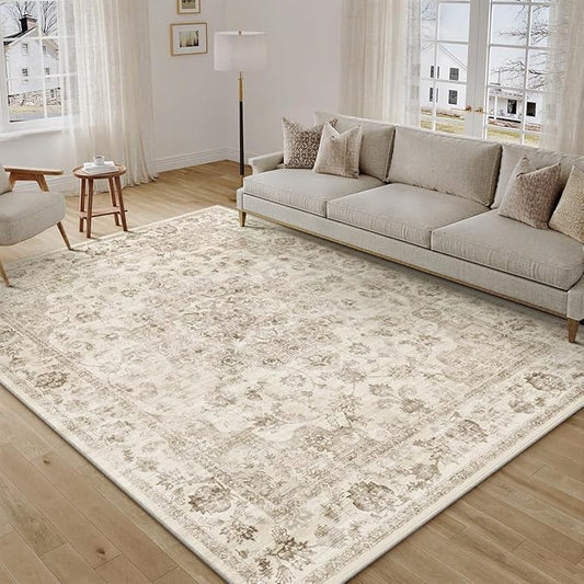 6x9 Washable Neutral Area Rug Beige Vintage Living Room Bedroom Carpet Non-Slip Soft Medium Pile Floral Indoor Throw Rug for Dining Room Entryway Office