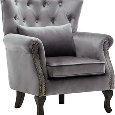 Mid Century Accent Chair Modern Button Tufted Armchair Wingback Club Chair Velvet Single Sofa Lounge Chair with Pillow for Living Room Bedroom, Grey