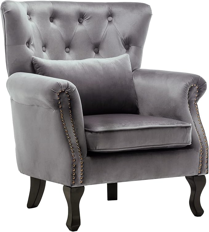 Mid Century Accent Chair Modern Button Tufted Armchair Wingback Club Chair Velvet Single Sofa Lounge Chair with Pillow for Living Room Bedroom, Grey