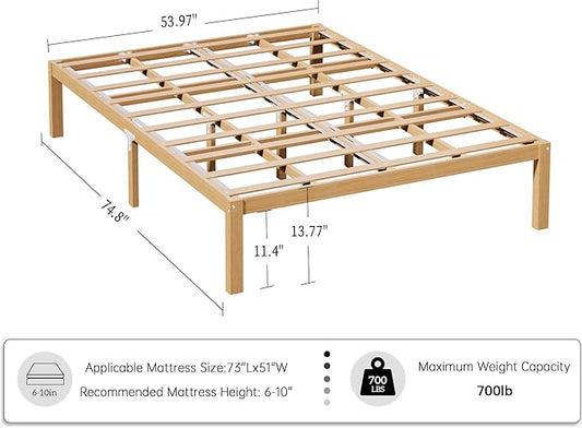 14 Inch Bamboo Bed Frame – Solid Wood Platform Bed Frame, Strong and Stable, with Non-Slip Slats for Support, No Box Spring Needed, Easy to Assemble, Noise-Free (Natural, Full)