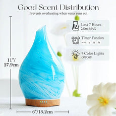 Porseme 280ml Essential Oil Diffuser Glass Color Changing Aroma Air Diffusers Aromatherapy Ultrasonic Cool Mist Humidifier 7 Running Hours Waterless Auto-off for Sleeping, Yoga, Office, Spa(Blue Wave)