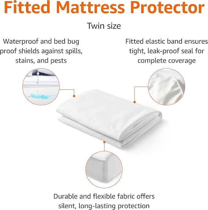 Amazon Basics Waterproof Mattress Protector, White, Twin