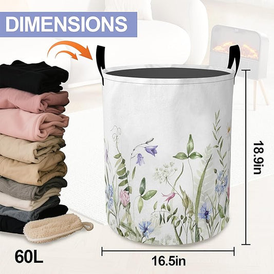 Vintage Wild Flowers Laundry Basket-Large Foldable Hamper Holder Portable Tall Collapsible Laundry Hamper Storage Basket Bin with Handles, Canvas & Waterproof lining for Household Items