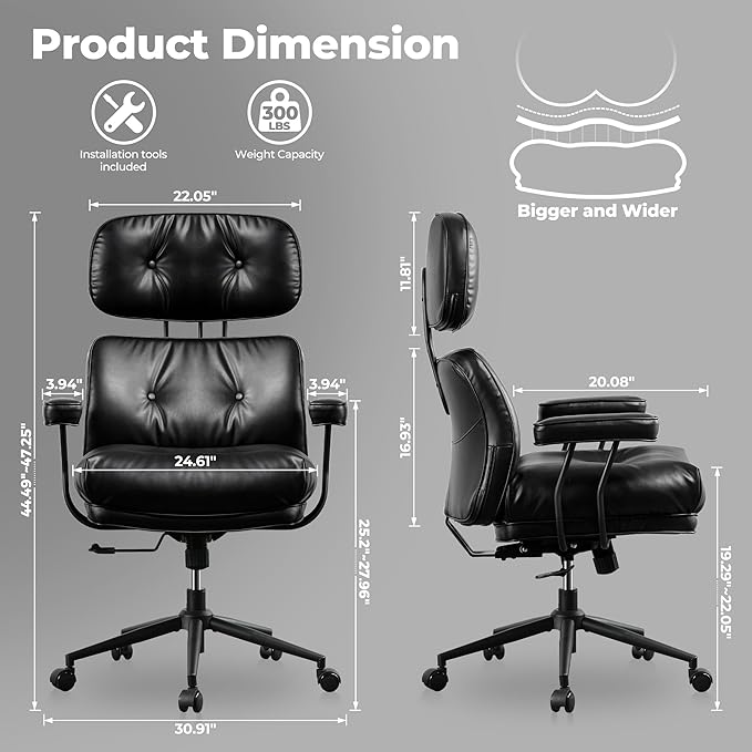 ovios Ergonomic Office Chair, High Back Faux Leather Executive Chairs with Thick Cushion, Comfy High-Century Modern Swivel Rolling Computer Armchair (Black, PU Leather)
