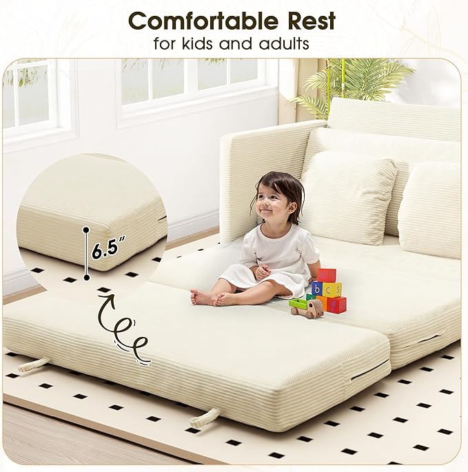 65" Convertible Loveseat Sofa Bed, 2-in-1 Folding Sofa Bed with 2 Pillow for Small Spaces, Modern Sleeper Couch for Apartment, Living Room & Guest Room (Corduroy Beige, 65 inch)