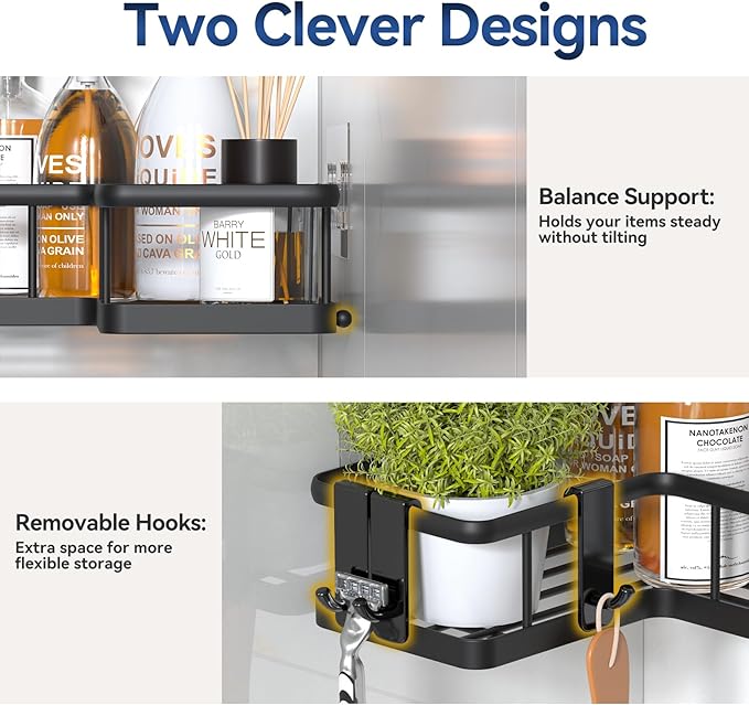 YASONIC Corner Shower Caddy, 5-Pack Adhesive Rustproof Stainless Steel Shower Organizer with Soap Holder, No Drilling Shower Shelf for Inside Shower, Dorm, Renters, Black