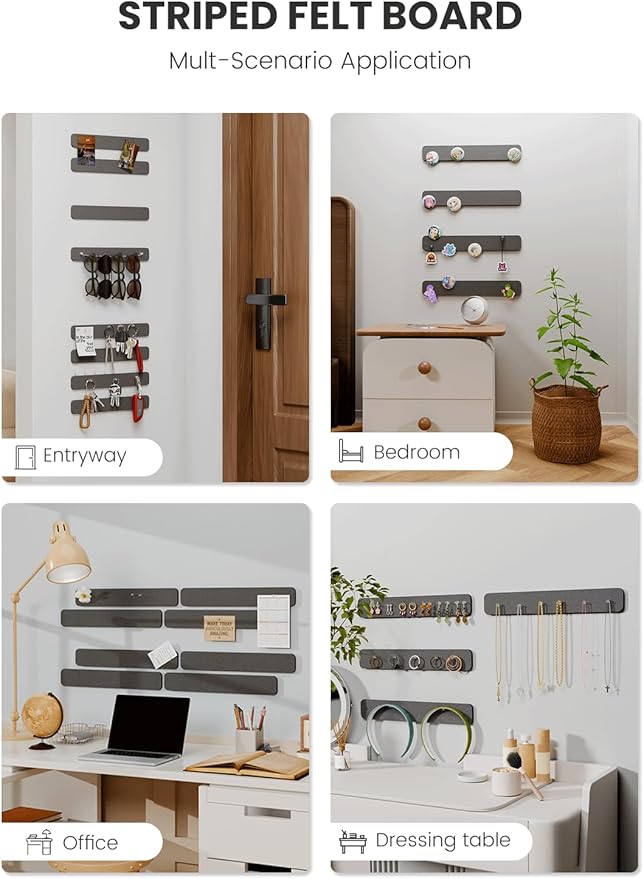 Cork Board Alternative Felt Strip Board 8-Pack 13"x2", Office Pin Board with 50 Push Pins, Adhesive Install for Bedroom Door & Home Office(Charcoal Gray)