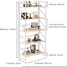 JSB No Assembly Folding Bookshelf, 5 Tier Industrial Metal Book Shelf for Storage, Vintage Wood Foldable Bookcase for Living Room, Bedroom, Office Organization Shelves