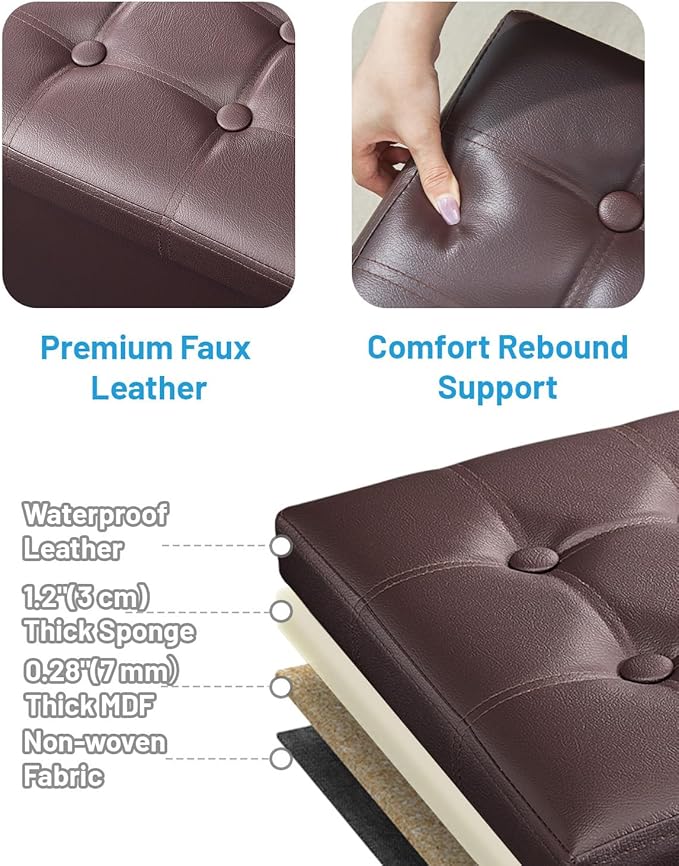 AmasSmile Storage Ottoman Folding Foot Rest Stool, Leather Footstool Bench, Short Ottoman Stool, Storage Foot Rest Store, Books (Brown-2pc, 17" D x 13" W x 13" H)