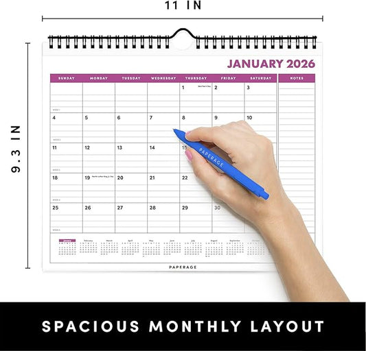 PAPERAGE 2026 Calendar, 12 Months (January 2026 - December 2026), Small (9 in x 11 in), Minimalist Wall and Desk Calendar with Monthly Views, Yearly Plans & Notes Section – Raspberry