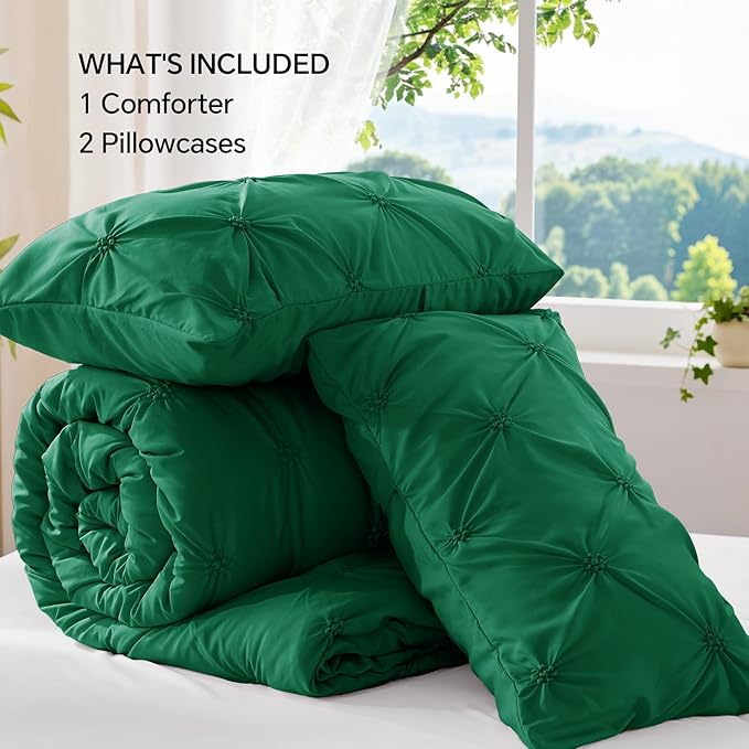 BEDELITE Forest Green King Size Comforter Set - 3 Pieces Boho Pintuck Bedding Comforter Sets, Lightweight Soft & Warm King Bedding Set with 2 Pillowcases for All Season