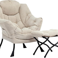 HollyHOME Lazy Chair with Foldable Ottoman, Accent Comfy Lounge Armchair and Folding Footrest Stool, Leisure Sofa Reading Chair and Footstool for Living Room, Bedroom, Dorm,Beige Stripe