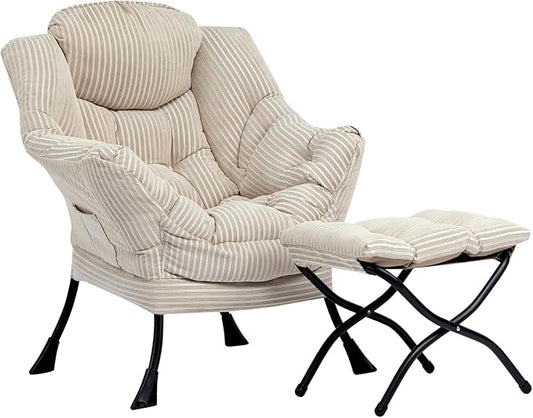 HollyHOME Lazy Chair with Foldable Ottoman, Accent Comfy Lounge Armchair and Folding Footrest Stool, Leisure Sofa Reading Chair and Footstool for Living Room, Bedroom, Dorm,Beige Stripe