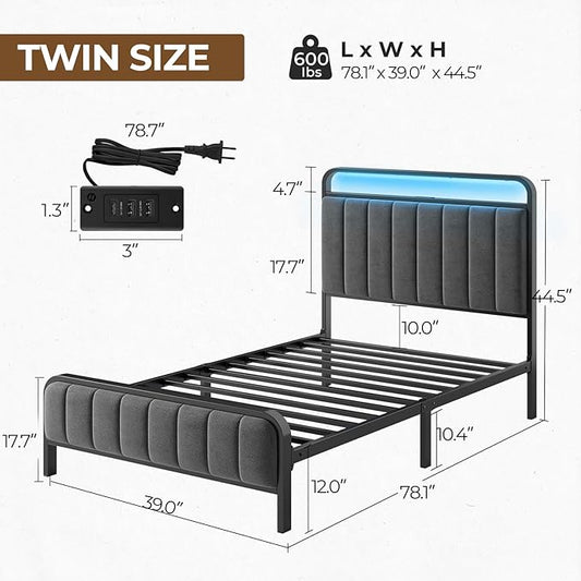 Rolanstar Twin Size Bed Frame with LED Light and Charging Station, Upholstered Headboard and Footboard, Metal Slat, Noise Free, Easy Assembly, Dark Gray