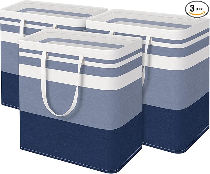 BlissTotes 3-Pack Laundry Basket, Freestanding＆Waterproof Laundry Hamper, Collapsible Tall Clothes Hamper with Easy Carry Handles for Clothes, Towels in the Family and Dorm,Gradient Blue,100L