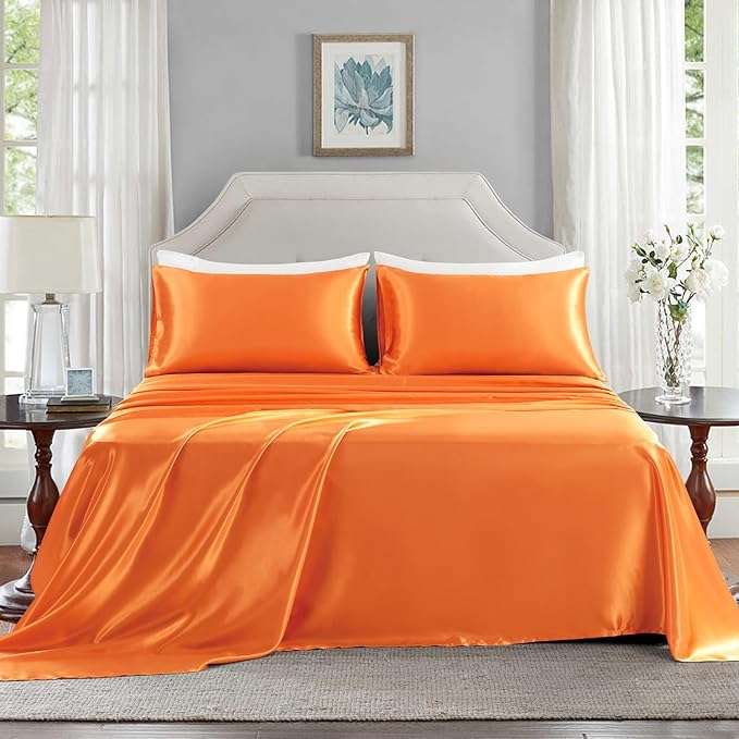 Satin Sheets King Size - 4 Pieces Luxury Silky Soft Bed Sheets, Wrinkle-Free Burnt Orange Satin Silk Sheet Set with 1 Deep Pocket Fitted Sheet, 1 Flat Sheet, 2 Pillow Cases