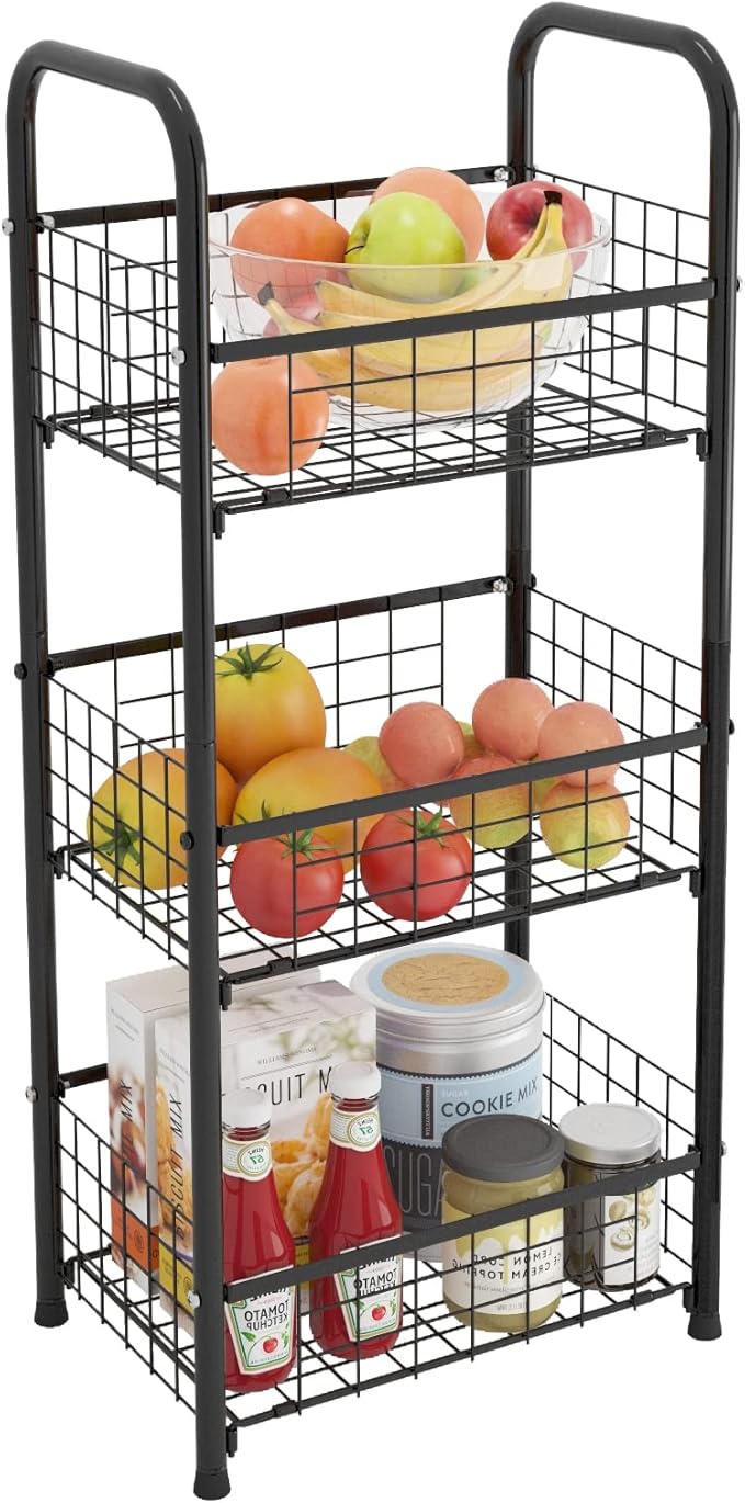 3-Tier FreeStanding Open Shelf,Bathroom Organizer Shelves Unit with Adjustable Feet, Metal Steel Storage Tower Organizer Rack Basket Cart for Bathroom, Living Room, Balcony, Kitchen