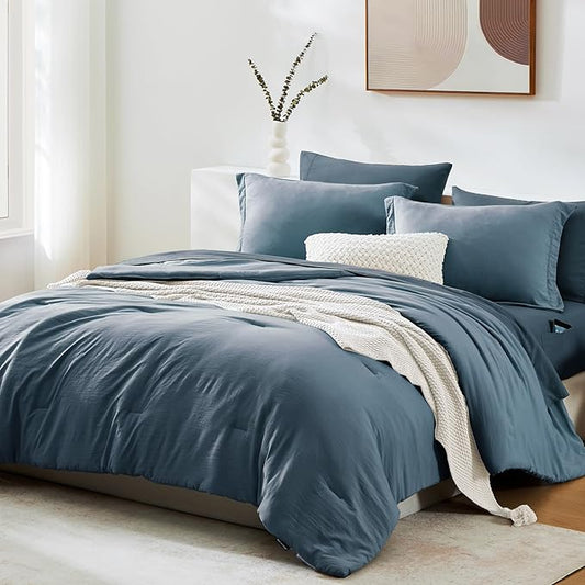 WRENSONGE Queen Comforter Set- 7 Pieces Soft Oxford Blue Bed in a Bag with Fitted Sheet, Flat Sheet, 2 Pillow Shams, and 2 Pillowcases- Warm Bedding Sets Queen for All Season