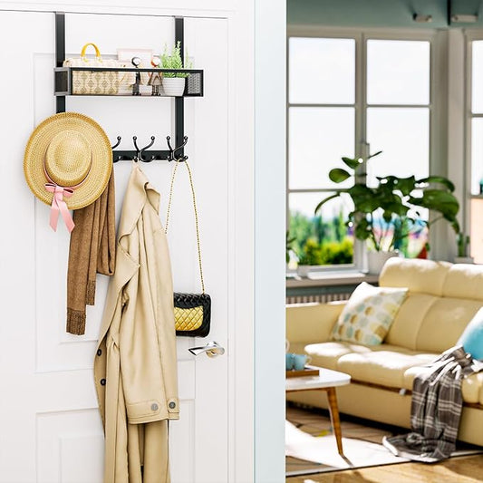 Consumest Over The Door Hooks Organizer - Over Door Hanger with 16 Hooks & 2 Baskets for Hanging Coat, Clothing, Towel, Back Storage for Bathroom, Closet, College Dorm, Black