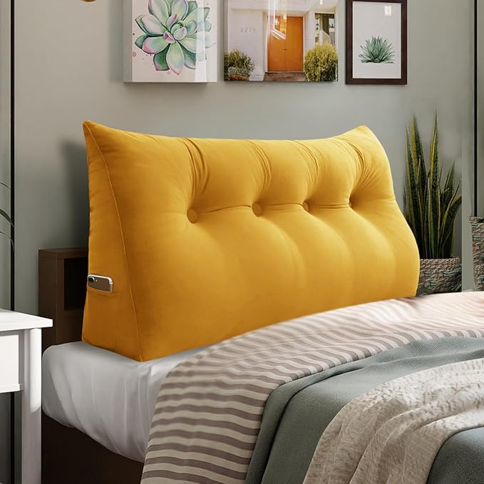 Bed Wedge Headboard Pillow - College Dorm Reading Pillow Back Support While Sitting in Bed - Ergonomic Lumbar Pillow Body Positioning Bed Pillow - Velvet Golden Yellow 54IN