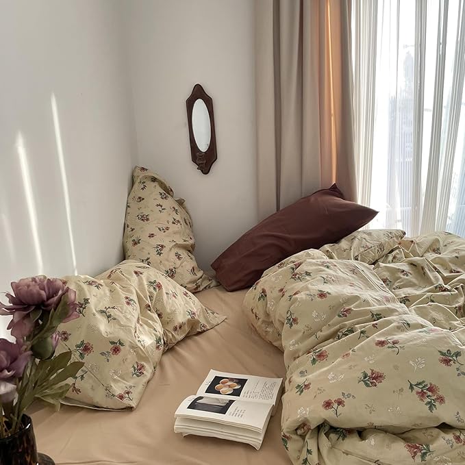 mixinni Vintage Floral Duvet Cover Queen Size - 3 Piece 100% Cotton Cottagecore Red Flowers & Green Leaves Bedding, Soft Botanical Comforter Cover & Pillowcases, Aesthetic Spring Bed Set for Girls