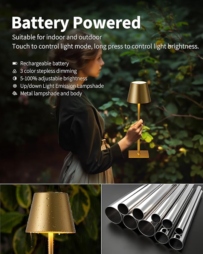 KDG 2 Pack Cordless Table Lamp, Portable LED Desk Lamps, 5000mAh Battery Operated, 3 Color Stepless Dimming Up, for Restaurant, Bedroom, Outdoor Camping, Coffee Shop, Night Light, Rechargeable (Gold)