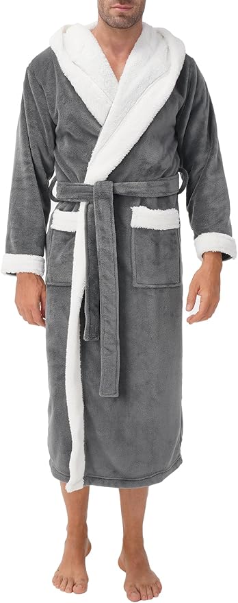 DAVID ARCHY Men's Hooded Robe Soft Coral Fleece Microfiber Bathrobe