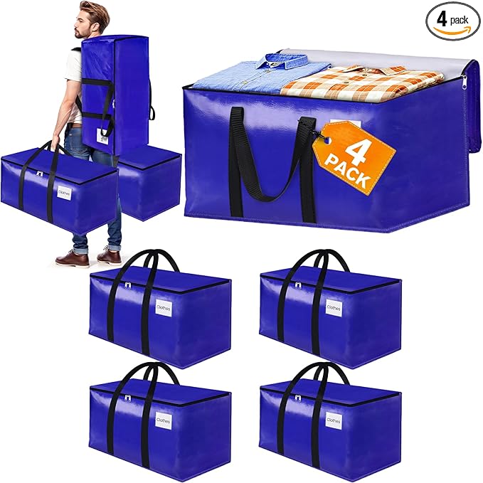 4-Pack Moving Bags with Backpack Straps & Carry Handles, 20 Gallons-76 L Heavy Duty Storage Totes for Space Saving, Foldable Storage Bags for College Dorm, Travel, Camping (Blue)