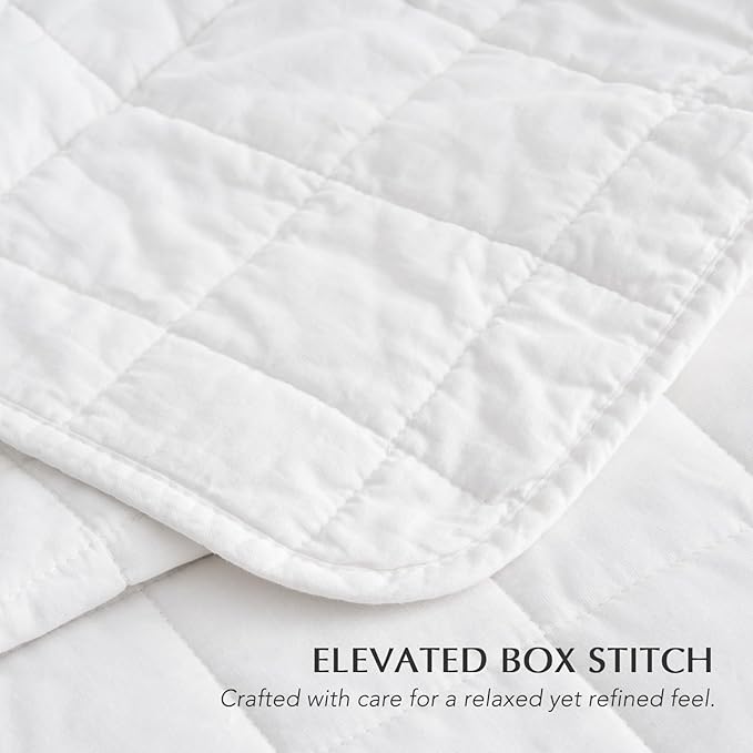 EVERGRACEHOME 100% Cotton Box Stitch Quilt Bedding Set King Size 3 Pieces, Garment-Washed Lightweight Soft Cozy Coverlet, Oversized Quilted Bedspread Sets with 2 Shams for All Season, Bright White