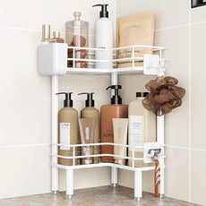 Orimade Rustproof 2 Tier Floor Standing Corner Shower Caddy Organizer with Toothbrush Holder, Large Spacing Floor Shower Shelf Rack Storage Stands with Hooks for Bathroom Kitchen, White